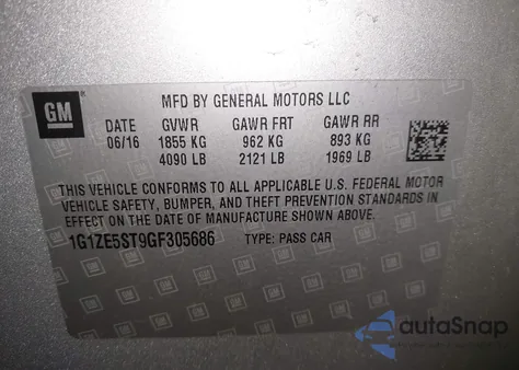 2016 Chevrolet Malibu 1Lt из США, поврежденный, VIN 1G1ZE5ST9GF305686